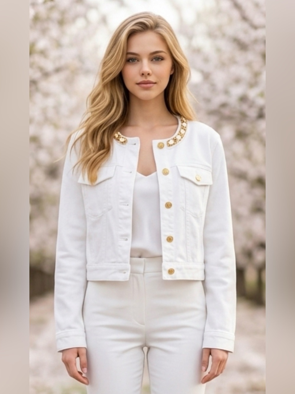 Michael Kors White Cropped Jacket with Gold Embellished Collar